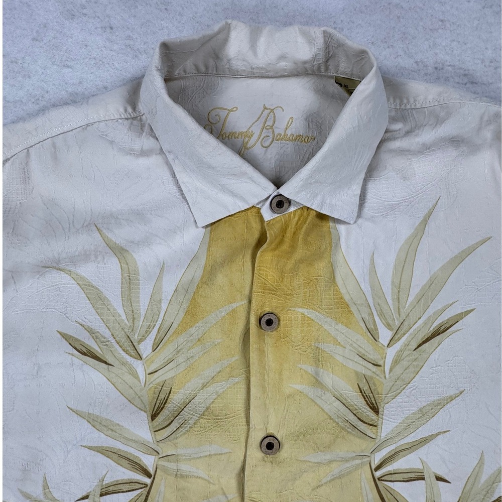 Tommy Bahama Mens XL‎ Silk Blend Camp Shirt Yellow Cream Palm Leaf Jacquard XL